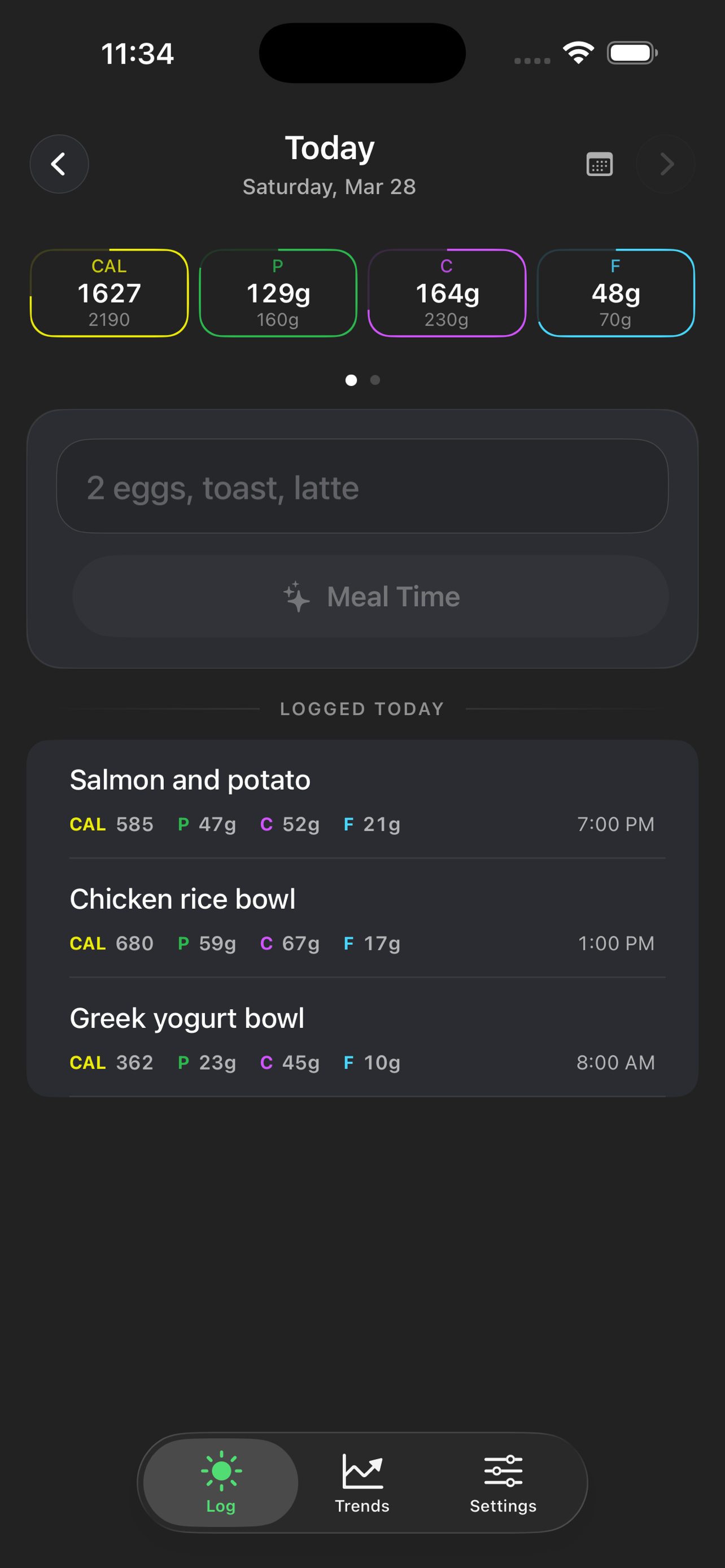 CrumbStream Today screen showing daily calories and macro tracking