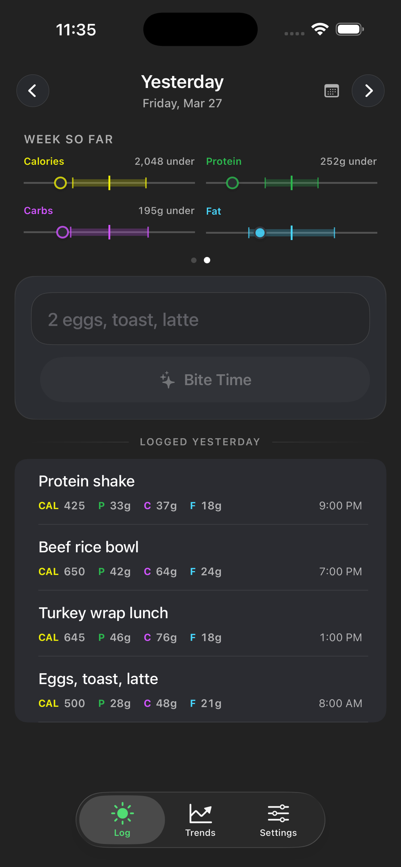 CrumbStream weekly progress view with macro tracking bars